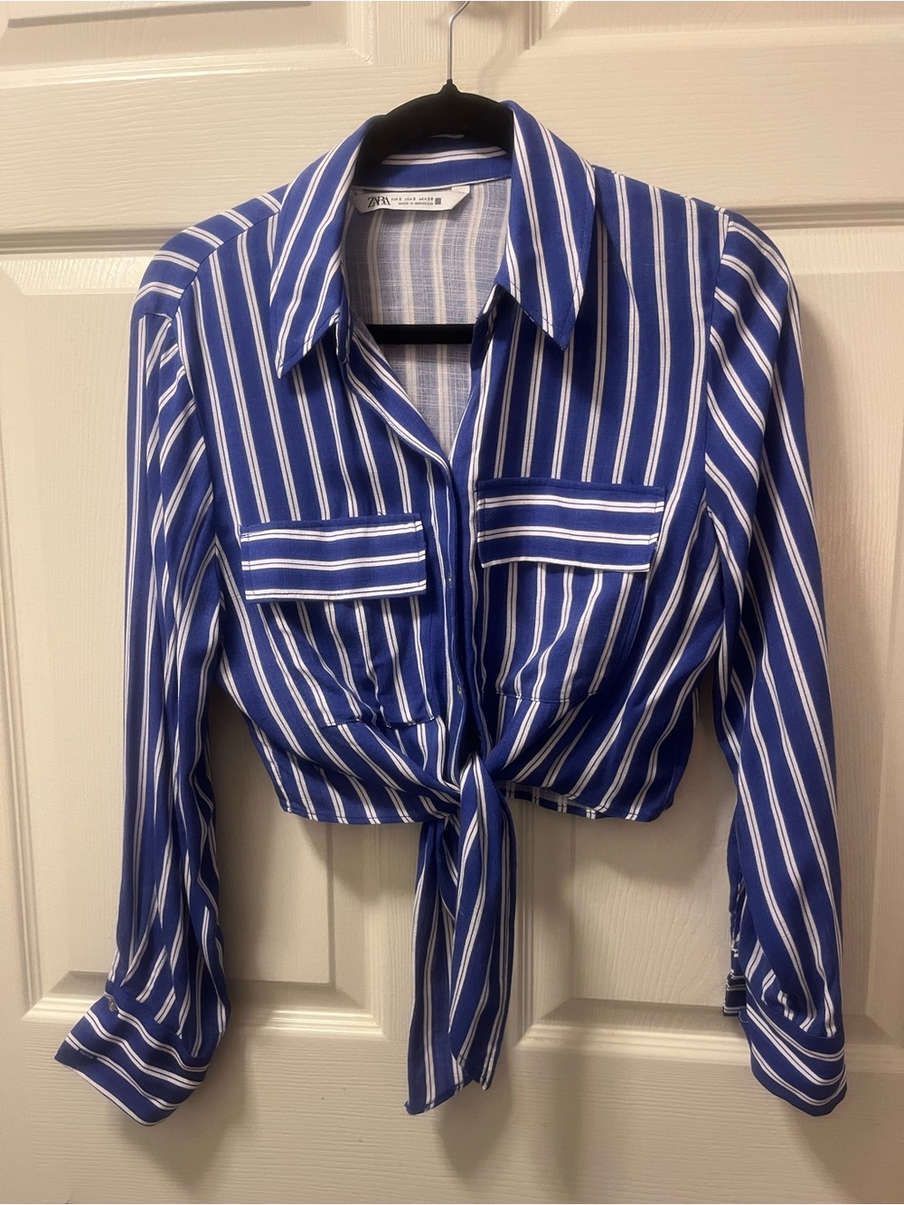 Zara Blue/White Striped Tie Front Crop Shirt Utility Button Up Top Women’s SZ Sm